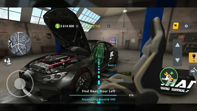 Motore smontato sul ponte dell'officina in Mechanic: Car Tuning Simulator